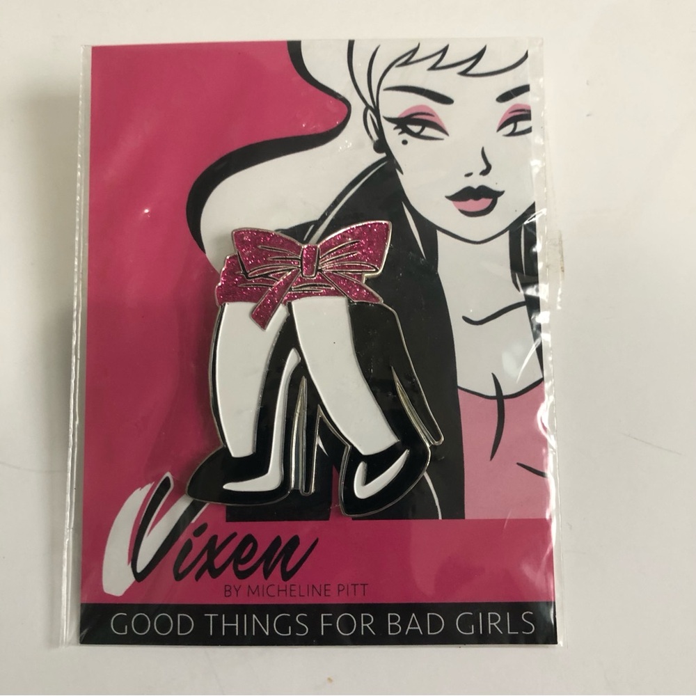 Vixen by Micheline Pitt enamel pin bow and high heels